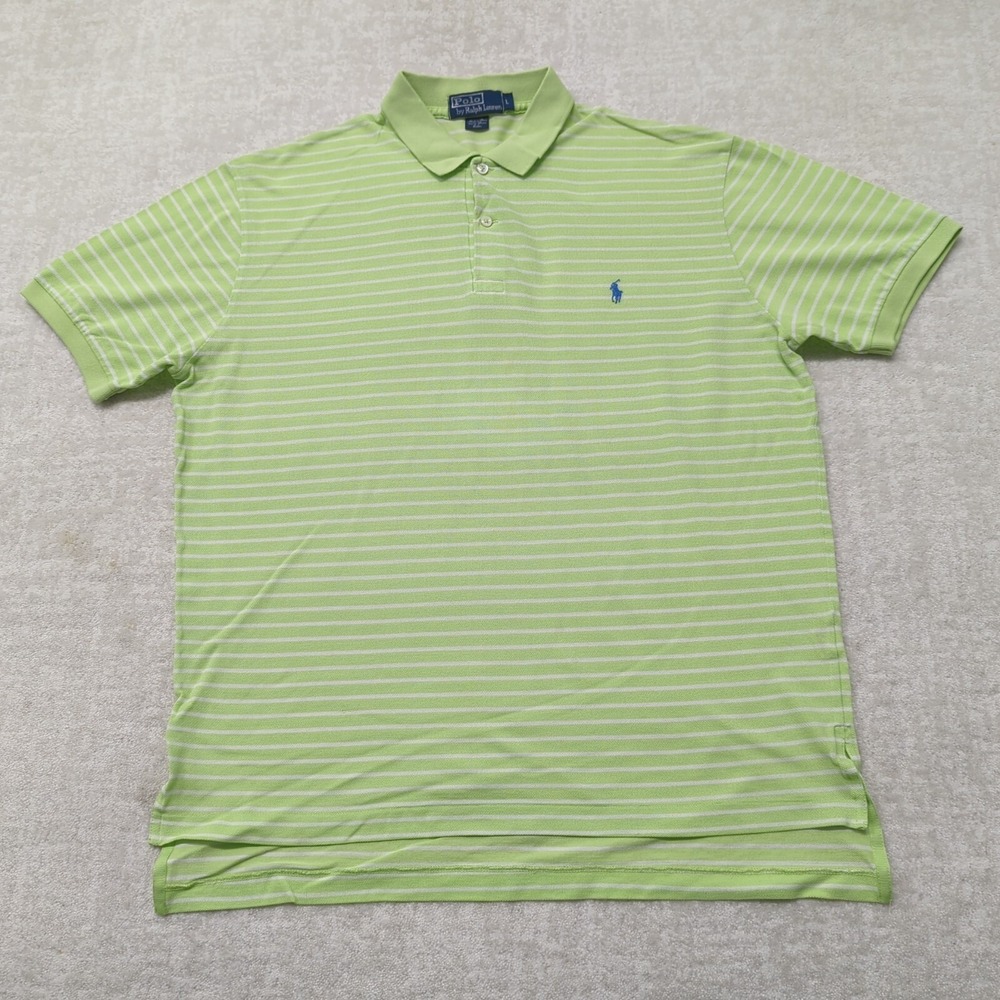 Polo Ralph Lauren Polo Shirt Mens L Lime Green White Striped Pima Cotton Pony - Picture 2 of 7